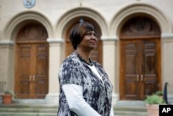 Mayor Victoria Jackson-Stanley poses for a photograph outside the Dorchester County Courthouse in Cambridge, Maryland, a stop on the Harriet Tubman Underground Railroad Byway, May 25, 2017.