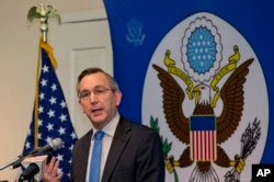 Scot Marciel, U.S. Ambassador to Myanmar, addresses the audience during his first public speech as the Ambassador to Myanmar in Yangon, Myanmar, May 10, 2016.