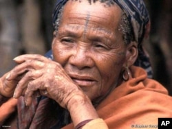 An elderly Bushman woman inside a ‘relocation camp’ on the fringes of the CKGR
