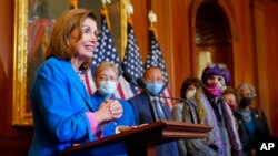 House Speaker Nancy Pelosi of California speaks before signing a House continuing resolution to keep funding the government, Sept. 30, 2021, on Capitol Hill in Washington.