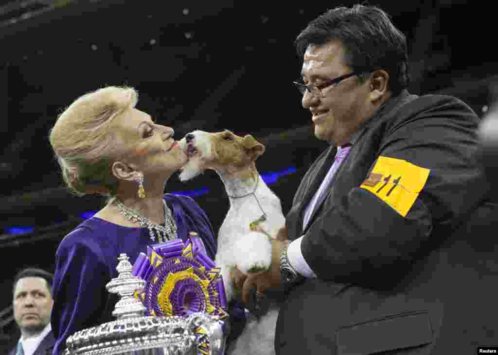 After All Painting the Sky, a wire fox terrier, is held by her handler Gabriel Rangel (right) as she kisses judge Betty Regina Leininger after winning &quot;best in show&quot; at the 138th Westminster Kennel Club Dog Show, Madison Square Garden, New York City, NY, Feb. 11, 2014.