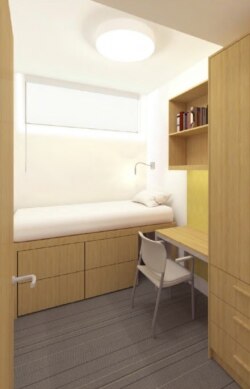 A drawing of a bedroom at the proposed Munger Hall at the University of California - Santa Barbara.