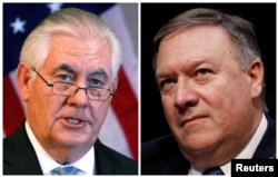 FILE: A combination photo shows U.S. Secretary of State Rex Tillerson (L) in Addis Ababa, Ethiopia, March 8, 2018, and Central Intelligence Agency (CIA) Director Mike Pompeo on Capitol Hill in Washington, DC, U.S., February 13, 2018.