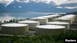 A field of 14 storage tanks that each hold 510,000 bbls of oil can be seen at the Trans-Alaska Pipeline Marine Terminal in Valdez, Alaska. REUTERS/Lucas Jackson (UNITED STATES) - RTR20RZD