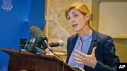 American ambassador to the United Nations Samantha Power speaks to media in Freetown, Sierra Leone, Oct. 27, 2014. 