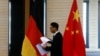 资料照：在北京举行中德经贸部长会议期间一名男子走过中国和德国国旗。（2016年11月1日）