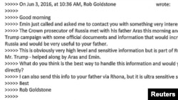 Part of an email conversation between Donald Trump Jr. and publicist Rob Goldstone is seen in a Twitter message posted by Trump Jr., July 11, 2017.