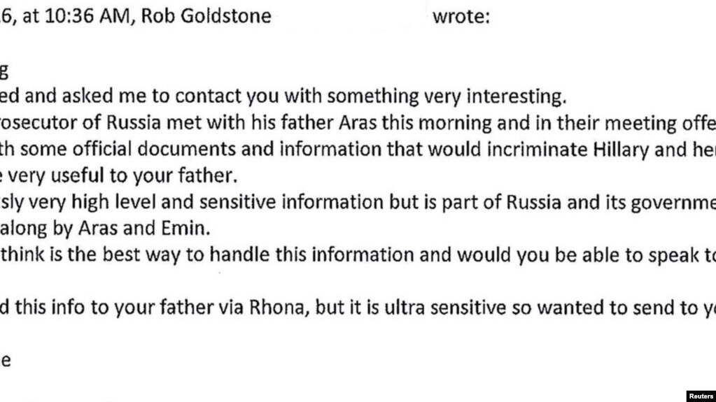 Part of an email conversation between Donald Trump Jr and publicist Rob Goldstone is seen in a Twitter message posted by Trump Jr., July 11, 2017.
