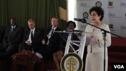 Irene Khan, the director general of the International Development Law Organization, speaks at the launch of a report detailing recommendations ahead of Kenya's August polls. (R. Ombuor/VOA)