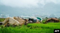 တ႐ုတ္နယ္စပ္၊ျမန္မာဘက္ျခမ္း ပန္းဆိုင္း၊ မူဆယ္ဘက္က ထြက္ေျပးလာသူေတြေနထုိင္ရာ ယာယီတဲမ်ား။ 