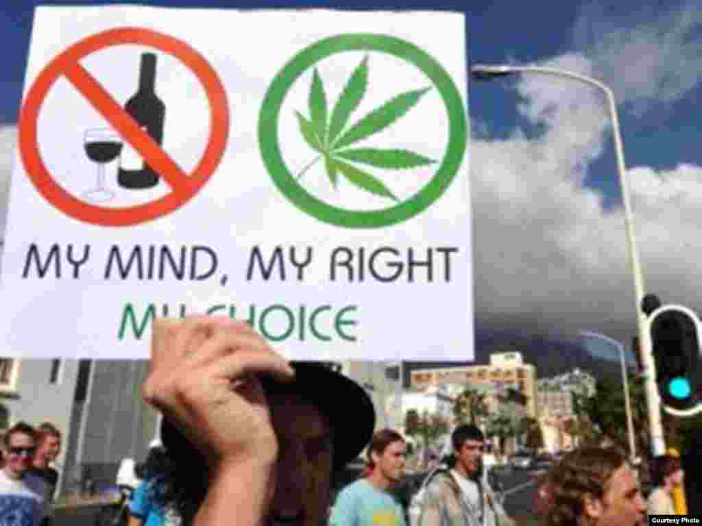 A Dagga Party protester argues for making marijuana legal, not alcohol. (Courtesy Dagga Party)