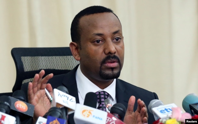 FILE - Ethiopia’s prime minister, Abiy Ahmed, addresses a news conference in his office in Addis Ababa, Ethiopia, Aug. 25, 2018.