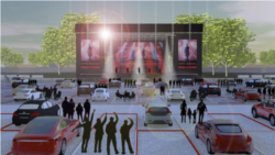 This artist rendering released by Live Nation shows the set up for Live Nation's “Live from the Drive-In,” concert series taking place July 10-12. (Live Nation via AP)