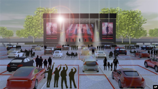 This artist rendering released by Live Nation shows the set up for Live Nation's “Live from the Drive-In,” concert series taking place July 10-12. (Live Nation via AP)