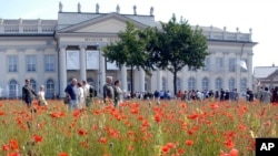 FILE - Visitors of the 'documenta 12' are seen through the 'Poppy Field' installation of Croatian artist Sanja Ivekovic in Kassel, Germany, Aug. 4, 2007. 