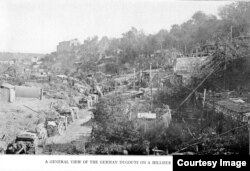 A general view of the German dugouts on a hillside at Varennes.