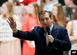 FILE - Republican presidential candidate, Sen. Ted Cruz, R-Texas, speaks at Woodrow Wilson Middle School, April 24, 2016, in Terre Haute, Ind.