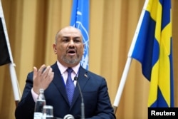 Yemeni Foreign Minister Khaled al-Yaman speaks at the Yemen peace talks closing press conference at the Johannesberg castle in Rimbo, near Stockholm, Dec. 13, 2018.