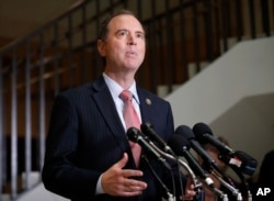 FILE - The House Intelligence Committee's ranking member Rep. Adam Schiff, D-Calif. speaks to reporters on Capitol Hill in Washington, April 8, 2017.