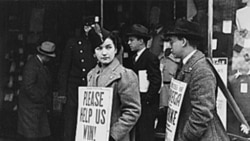 Strikers in New York City around 1937. Laws proposed by the Roosevelt administration helped strengthen the labor movement.