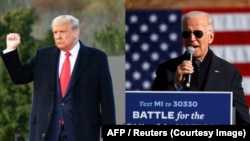 Foto kombinasi, Presiden Donald Trump yang berkampanye di Pennsylvania dan pesaingnya, Joe Biden, berkampanye di Michigan, Sabtu, 31 Oktober 2020. (Foto: Reuters/AFP)