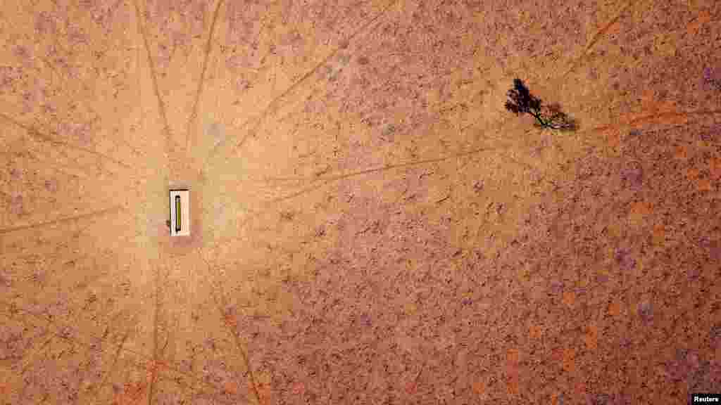 A lone tree stands near a water trough in a drought-effected paddock on Jimmie and May McKeown's property located on the outskirts of town of Walgett, in New South Wales, Australia, July 20, 2018. 