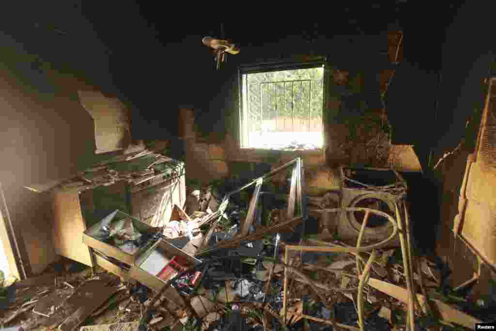 2012年9月11日美国驻利比亚在班加西的领事馆遭受枪手的袭击和纵火燃烧，这是12日领事馆内部的毁坏情况 
