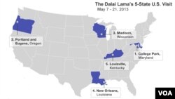 Map showing the Dalai Lama's stops in the United States in May, 2013.