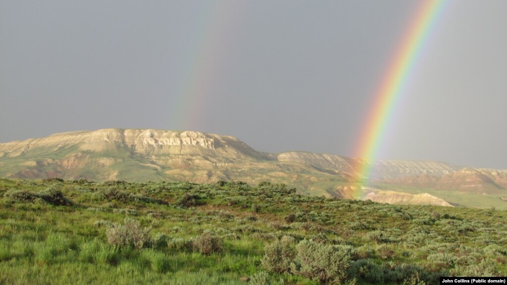 John Collins shot this photo of a rare double rainbow over Fossil Butte National Monument in Wyoming.