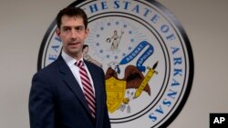 FILE - Sen. Tom Cotton arrives in his office in Washington, March 11, 2015. The Arkansas Republican is a leading voice against an Iran nuclear deal.