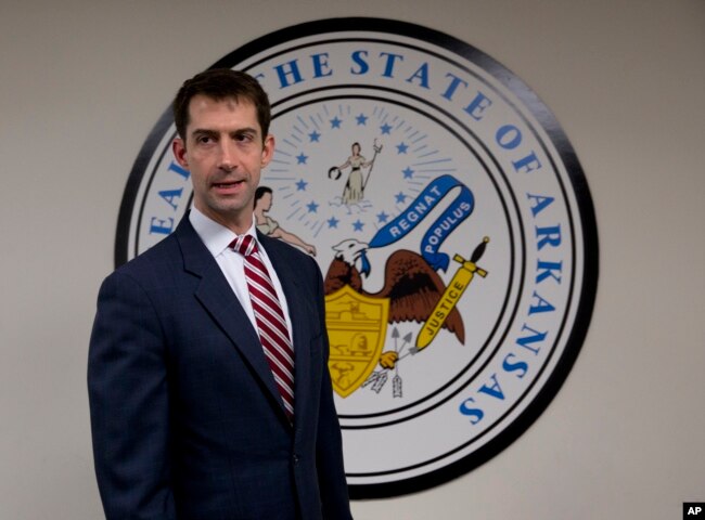 Sen. Tom Cotton, R-Ark. arrives in his office on Capitol Hill in Washington, March 11, 2015.