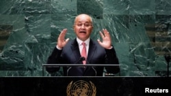 Presiden Barham Salih berbicara dalam Sidang Umum Majelis PBB yang ke-76 di New York, AS, pada 23 September 2021. (Foto: Reuters/Timothy A. Clary)