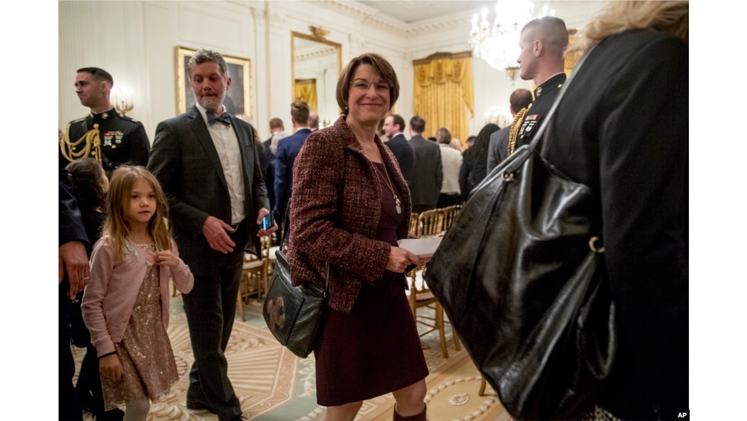 FILE - Sen. Amy Klobuchar, Democrat-Minnesota, departs following a ceremony in the East Room of the White House in Washington, Nov. 16, 2018.
