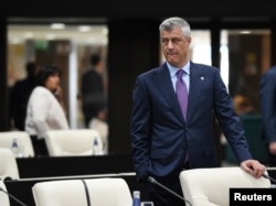 FILE - Kosovo's President Hashim Thaci during a roundtable meeting at the EU-Western Balkans Summit in Sofia, Bulgaria, May 17, 2018.