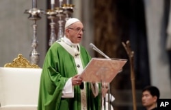 Pope Francis delivers his speech during a Mass for the closing of the synod of bishops in St. Peter's Basilica at the Vatican, Oct. 28, 2018.