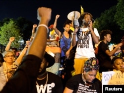 A Black Lives Matter protester addresses fellow protesters near the site of Democratic National Convention in Philadelphia, Pennsylvania, U.S., July 26, 2016.