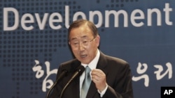 UN Secretary General Ban Ki-moon speaks during a ceremony to launch the Development Alliance Korea, a coalition of local civic groups to promote overseas development aid, at the Foreign Ministry in Seoul, South Korea, August 13, 2012.
