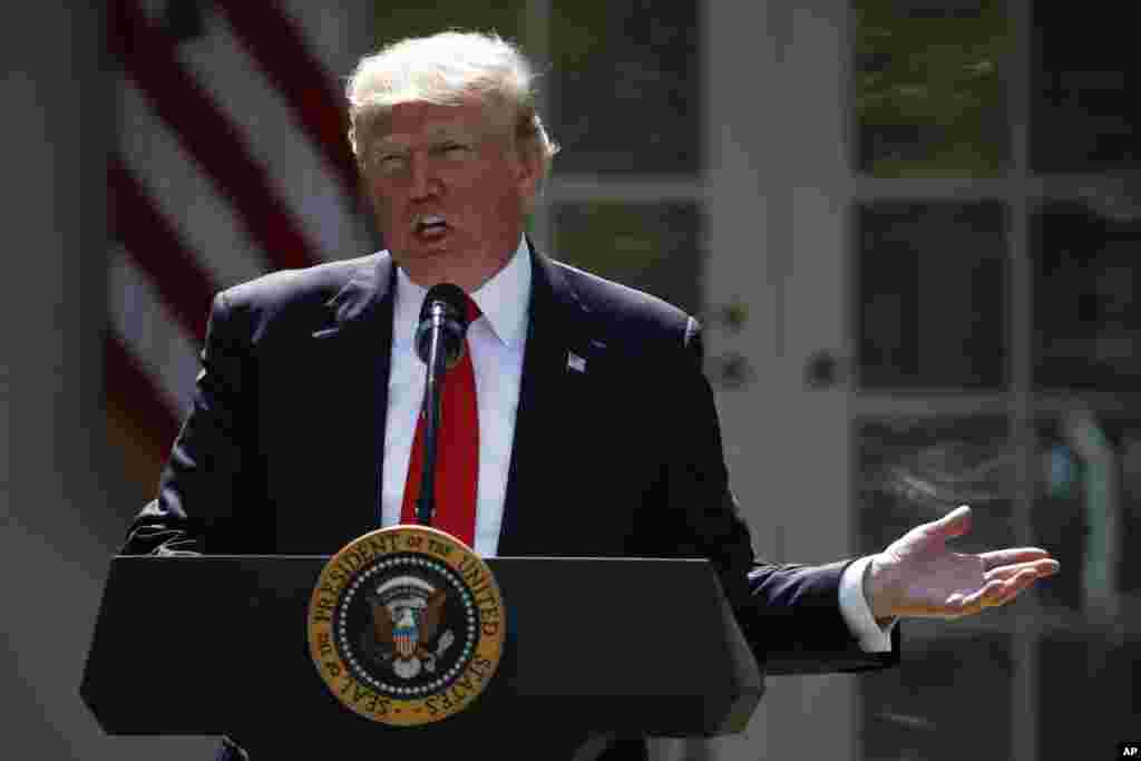 Après avoir annoncé le retrait des États-Unis, le président Donald Trump parle du rôle de son gouvernement dans l'accord sur les changements climatiques de Paris, Washington, le 1er juin 2017,