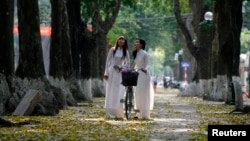Nữ sinh Hà Nội mặc áo dài tạo dáng chụp ảnh trên phố mùa lá rụng.