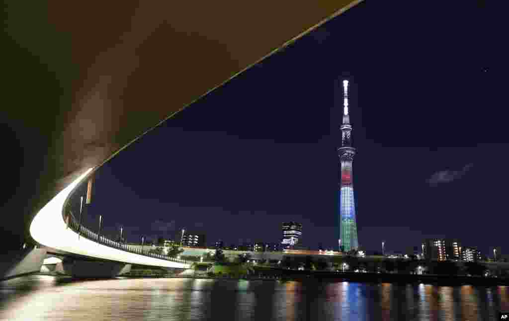 The Tokyo Skytree shows a special lighting in red, blue and green, the colors of the Tokyo 2020 Paralympic Games, to mark one year before the opening of the Paralympics. The event was postponed this summer due to the coronavirus pandemic, in Tokyo.