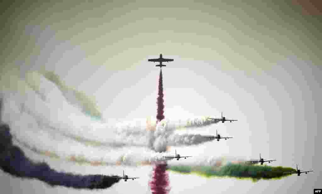 UAE&#39;s Al-Fursan display team performs during the opening of the Bahrain International Airshow 2016, in Sakhir, south of the capital Manama.