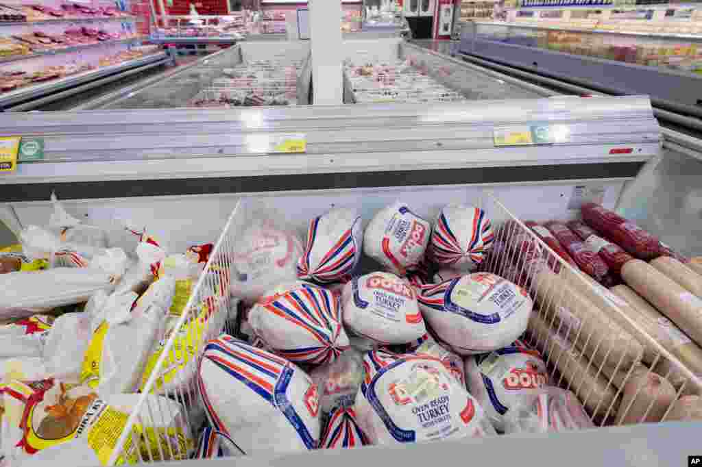 Imported meat products are displayed at a supermarket in Novosibirsk, about 2,800 kilometers east of Moscow, Russia, Aug. 7, 2014.