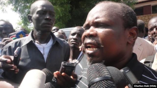 Former SPLM secretary general Pagan Amum speaks to reporters after a South Sudanese judge released him and three others who were detained more than four months ago for allegedly attempting a coup.