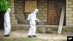 A healthcare worker in protective gear sprays disinfectant around the house of a person suspected to have Ebola virus in Port Loko Community, situated on the outskirts of Freetown, Sierra Leone, Oct. 21, 2014. 
