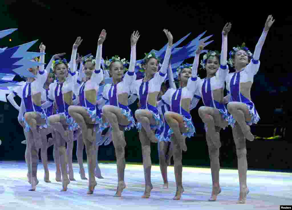 Belarussian children perform during the opening ceremony of the 31st European Rhythmic Gymnastics Championships in Minsk, Belarus.