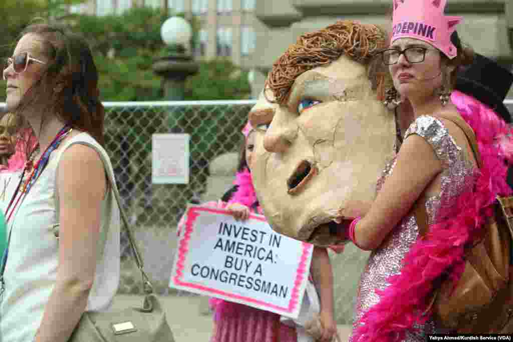 Code Pink protesters are in Cleveland to protest the Republican Party&#39;s presumptive nominee, Donald Trump. The feminist anti-war organization is known for sneaking into events and causing high-profile disruptions. The group has repeatedly interrupted Trump campaign events.