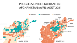 Carte illustrant les progrès des talibans de avril à août 2021.