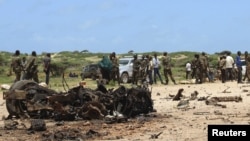 Jubaland forces and Somali residents stand near the site of a suicide car bomb attack near a military training base in the port town Kismayu, south of Mogadishu, Aug. 22, 2015.