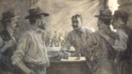 An picture of men at a bar used with one of Bret Harte's stories in Harper's magazine in 1902.
