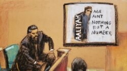 FILE - Case agent Ryan Chabot testifies as a CD cover of the 1994 debut album of late singer Aaliyah's "Age Ain't Nothing but a Number", produced by R. Kelly, is shown on a screen during R. Kelly's sex abuse trial at Brooklyn's Federal District Court in a courtroom sketch in New York, U.S., September 14, 2021.